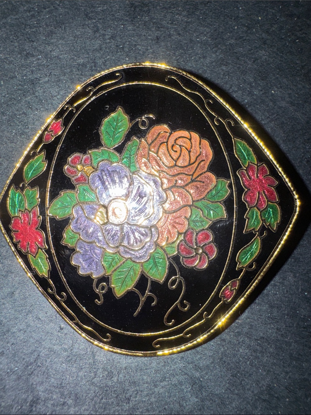 Vintage Floral Enamel brooch  - Black with Multicolor Flowers
